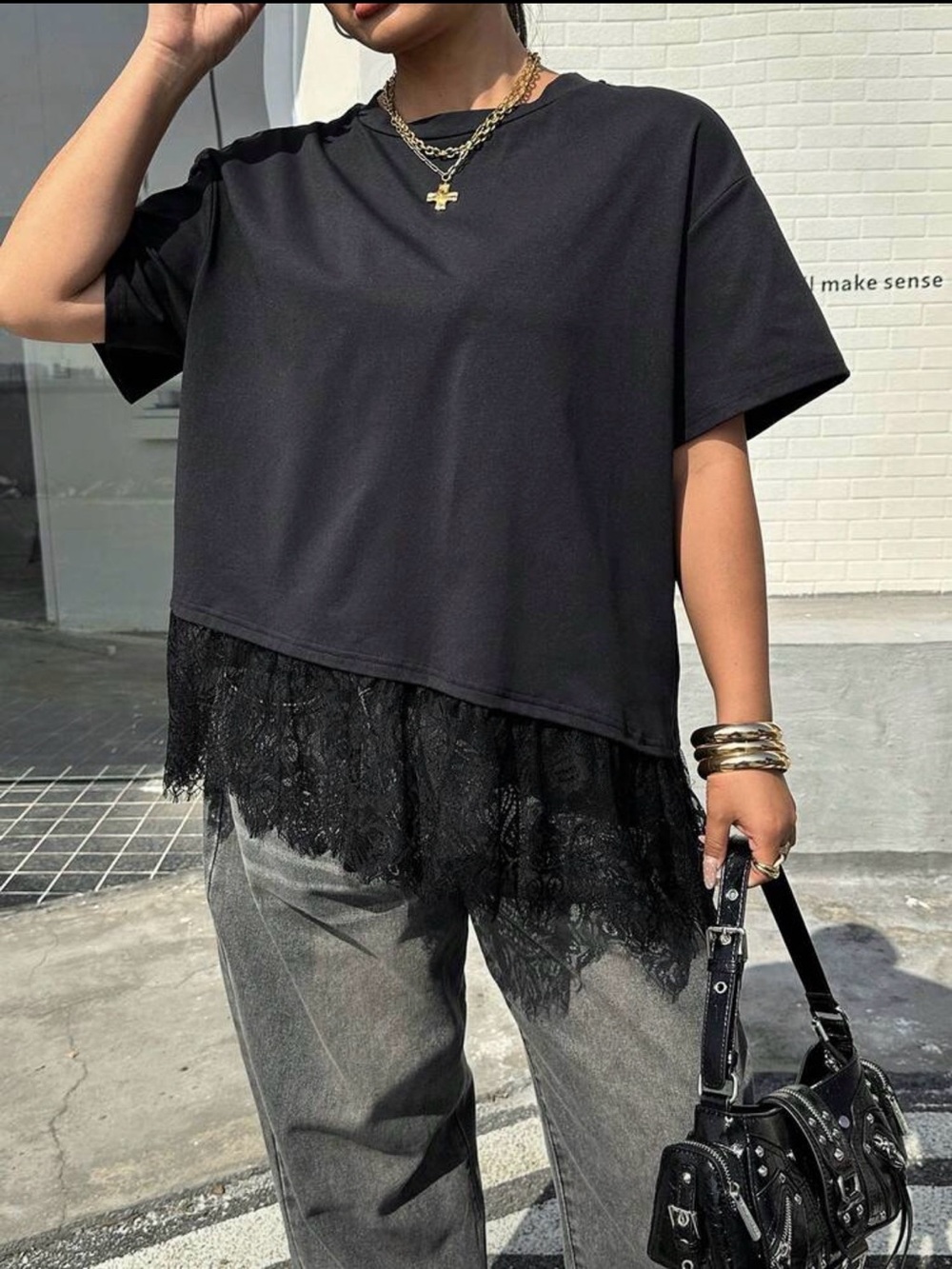 SHEINCurve Black Short Sleeve Tee with Lace Hem